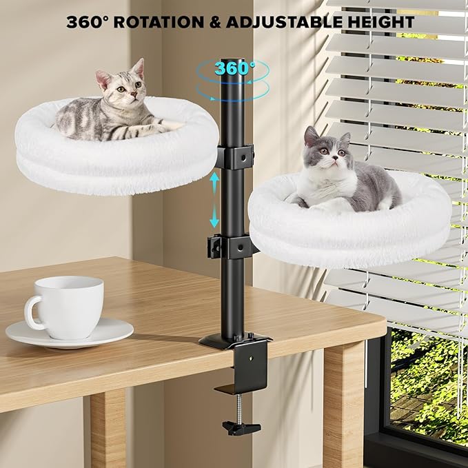 Cat Desk Bed, Supports Up to 50 lbs, Comfortable Soft Perch, Nest Bed Attachment Round Cat Hammock for Desk 360° Rotating & Adjustable Height (White)