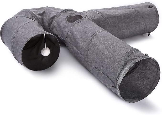 Ownpets Cat Tunnel Large 3 Way Collapsible Cloth Pet Tunnel Tube with Plush Ball & Feather Toy, U-Shaped Cat Play Tunnel for Indoor Cat, Puppy, Kitty, Kitten, Rabbit(Gray)