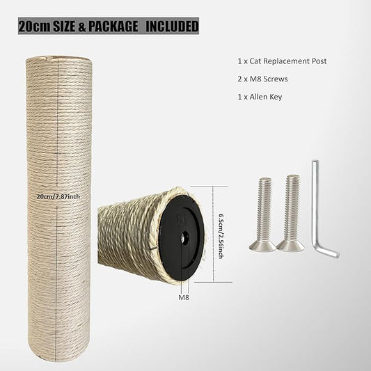 Cat Scratch Post, 8,11.8,15.7,19.6,31.5inch sisal Pole Cat Tree Replacement Post with M8 Screws, Indoor cat Tower Spare Furniture Protector with Scratch Post Filling (8 * 3.1inch-1Pcs)