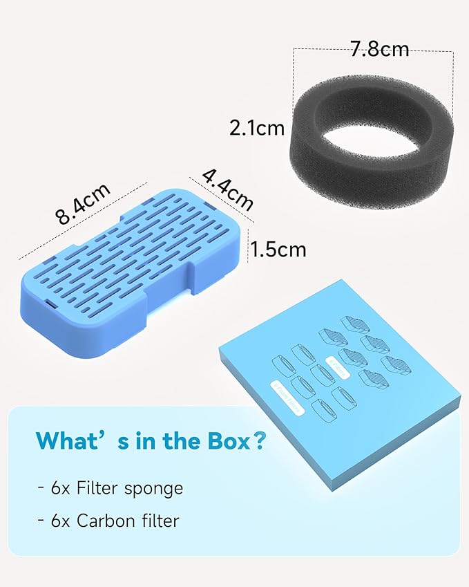 AONBOY Cat Water Fountain Filters, 6 Filters + 6 Cat Fountain Sponge, Suitable for AONBOY Pet Fountain S3-SC, Multiple Filtration, Isolates Floating Hairs and gets rid of Odors