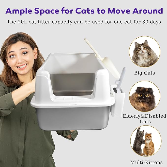 Stainless Steel Litter Box with Lid, 24" XL Extra Large High-Sided Metal Cat Litter Box for Multiple Cats,Anti-Leakage & Non-Stick, Easy to Clean, Includes 2 Scoops&Deodorizer Box, White