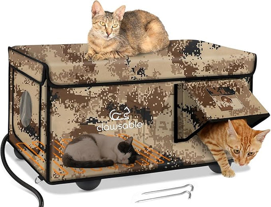 Indestructible Heated Cat House for Outside Cats Winter, 100% Weatherproof, Safe Escape Door, Insulated Outdoor Cat Shelter with Heater for Feral Barn Cat Kitty (Desert Camouflage, 26"x16"x14")