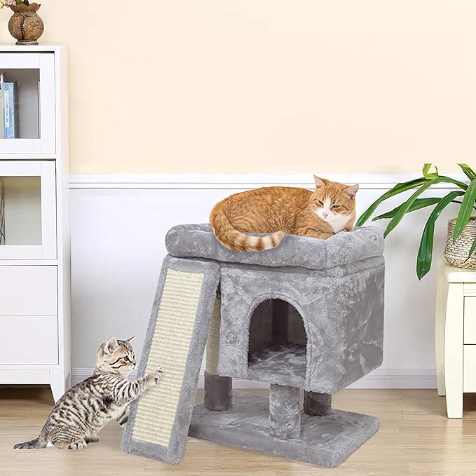 SYANDLVY Small Cat Tree for Indoor Cats, Cat Tower with Scratching Post, Modern Activity House for Large Cats, Condo with Board, Kittens Cave (Light Grey)