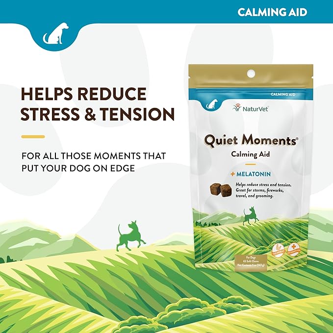 NaturVet Quiet Moments Calming Dog Supplement, Dog Soft Chews with Melatonin to Help Reduce Stress from Storms, The Vet, Fireworks, and Travel, Bacon and Chicken Flavored Pet Supplement, 65 Count