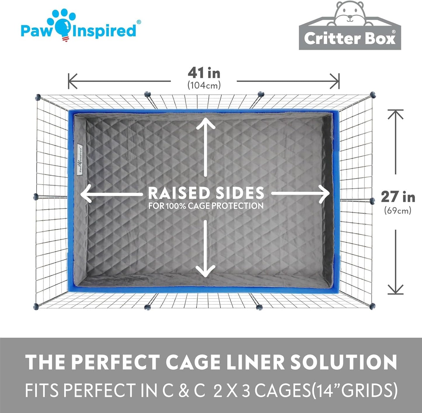 Paw Inspired Critter Box Washable Cage Liner with Raised Sides, Fleece Bedding with Waterproof Bottom, Edge Protected Pee Pads for Guinea Pigs, Rabbits, Hamsters, Small Animals (C&C 2x3 Size)