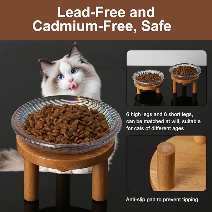 Cat Bowls Whisker Friendly with Wooden Stands. Raised Elevated Glass Whisker Fatigue Cat Bowl for Indoor Cats. 2PCS (Rainbow Colors)