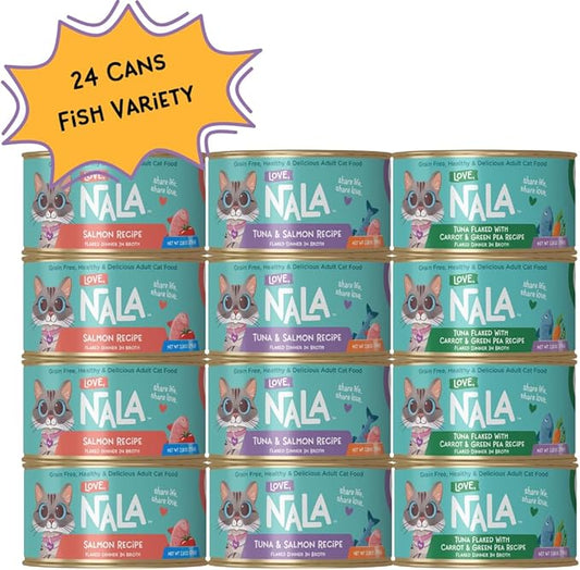 LOVE, NALA - FLAKED Fish Variety Pack - 24 Pack - Natural Adult Cat Wet Food - Grain Free, Non-GMO, Lean Protein, Omega 3, Added Minerals & Vitamins