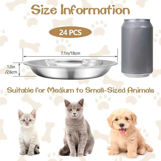 kathson Shallow Stainless Steel Cat Bowls 24 Pcs Whisker Fatigue Cat Dishes Flat Dog Feeding Saucers Pet Food and Water Plate Set for Kitten Puppy and Other Small Animals (7.00 Inch Dia)