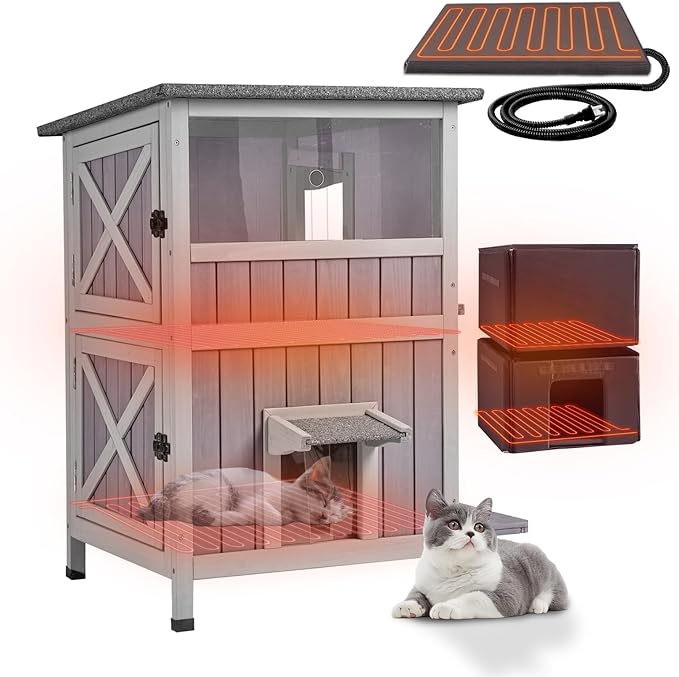 GUTINNEEN 2-Story Heated Cat House Large Outdoor Insulated Cat House Weatherproof Feral Cat Shelter with Heated Pad, Insulated All-Round Thermal Liner for 1-4 Cats (Winter-Ready)