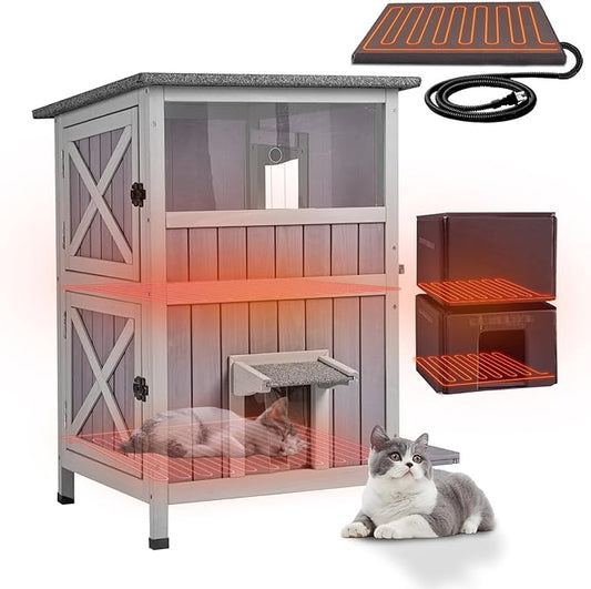 GUTINNEEN 2-Story Heated Cat House Large Outdoor Insulated Cat House Weatherproof Feral Cat Shelter with Heated Pad, Insulated All-Round Thermal Liner for 1-4 Cats (Winter-Ready)