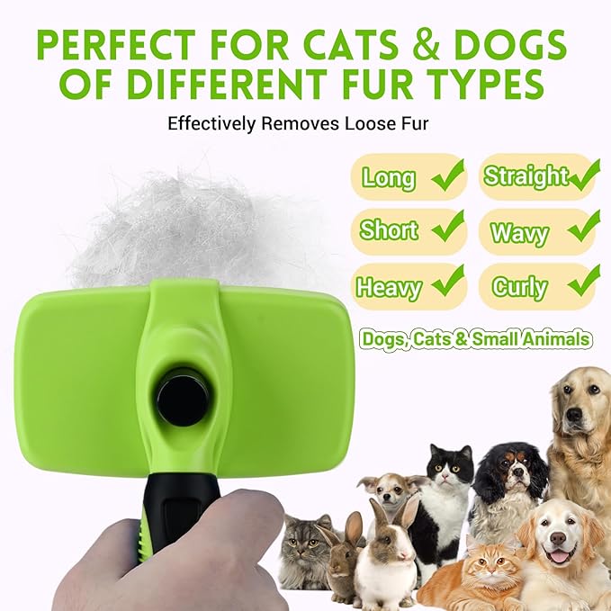 Large Self Cleaning Deshedding Brush for Dogs & Cats - One Button Hair Release Grooming Tool, Gentle Massage Brush for Long and Short Hair (Green)