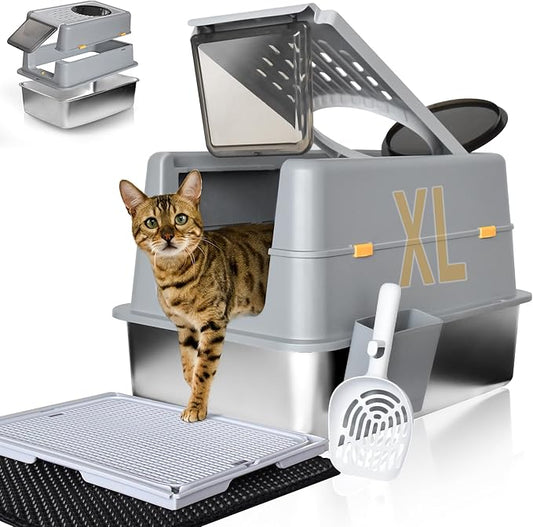 Stainless Steel Litter Box with Lid, XL Extra Large Metal Cat Litter Boxes for Big Cats Enclosed, Easy to Scoop with Litter Scoop Set, High Sides Enclosure Anti-Urine Leakage Non-Sticky, Grey
