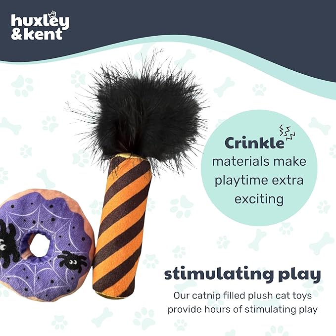 Huxley & Kent Plush Cat Toy - Halloween Interactive Catnip Toy for Cats & Kittens - Soft with Crinkle & Catnip - Fun Indoor Play - Spiderweb Donut & Black Flame 2pk
