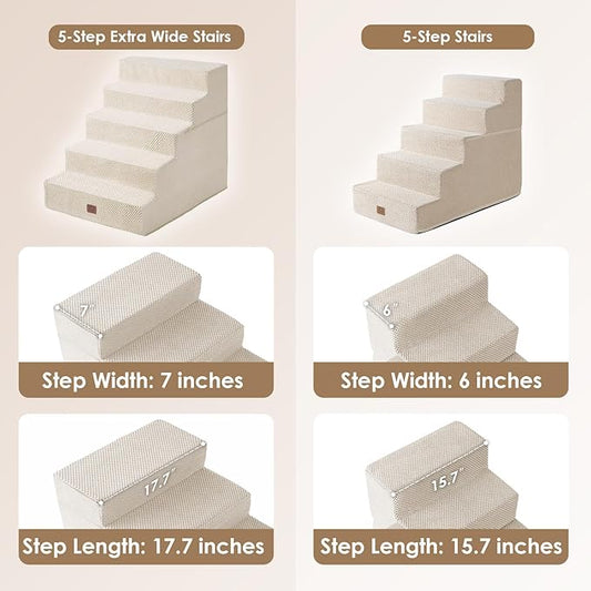 EHEYCIGA Dog Stairs for High Bed 25" H, 5-Step Extra Wide Dog Steps for Bed, Pet Steps for Small Dogs and Cats, Non-Slip Balanced Pet Ramp Indoor, Beige