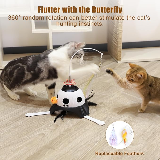 3-in-1 Automatic Cat Toys for Indoor Cats, Fluttering Butterfly, Whack a Mole, Rotating Feather Wand, USB Rechargeable Interactive Feather Toys for Multi-cat Family (Black)