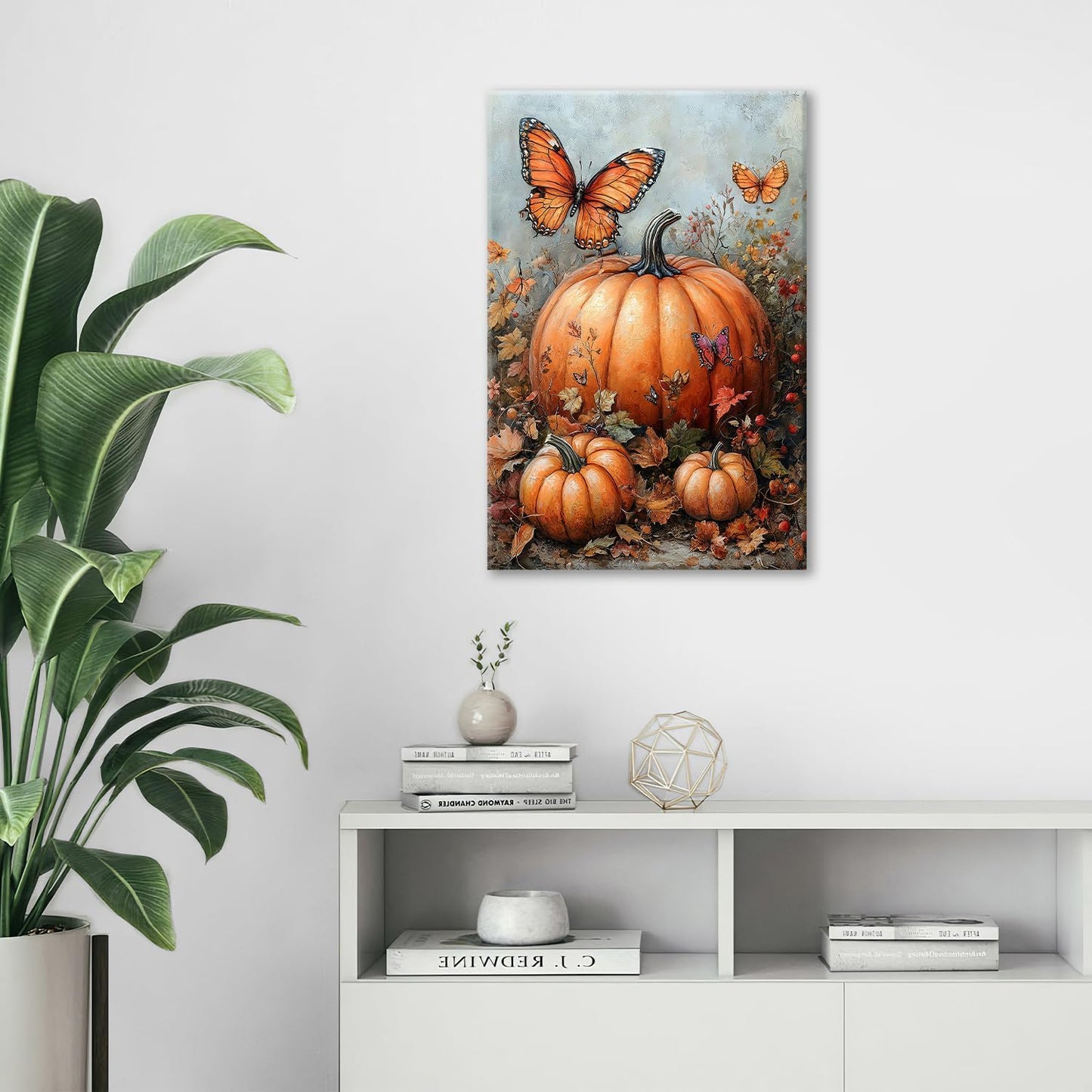 Fall Pumpkin Pictures Wall Art, Rustic Thanksgiving Bathroom Wall Decor, Farmhouse Autumn Butterfly Framed Painting Canvas Artwork for Harvest Gift Bedroom Living Room Decorations 24"L x 16"W