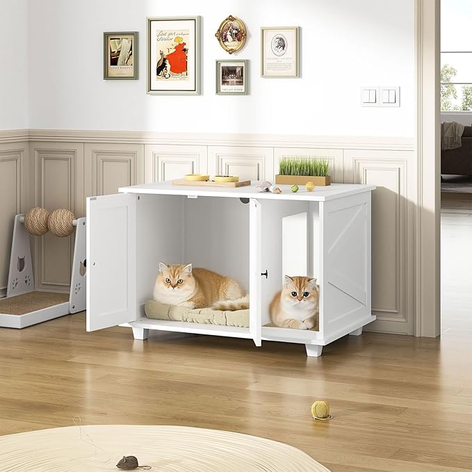 Cat Litter Box Enclosure,Wooden Cat Washroom Furniture with Barn Door, Pet House Hidden Litter Box,Litter Box Furniture Fit Most of Litter Box