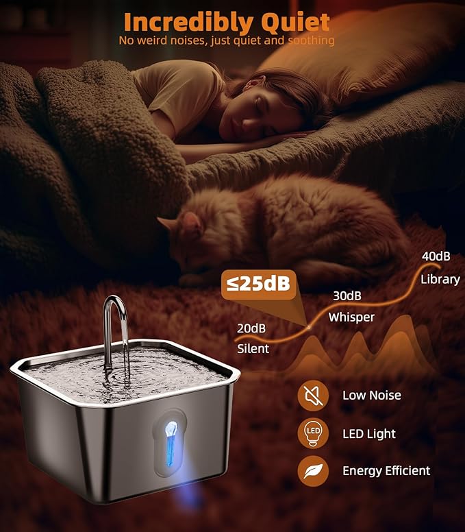 Cat Water Fountain Stainless Steel 135oz/4L Pet Water Fountain for Cats Indoor Pets Dog Small Animal Automatic Dog Water Dispenser with 3 Filters 1 Sponge Quiet