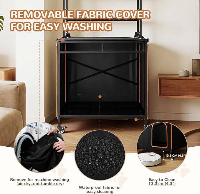 Lekereise Cat Litter Box Enclosure, Large Hidden Litter Box Furniture with Removable Waterproof Cover, Kitty Litter Box Furniture with 3-Tier Adjustable Shelves Storage and Wheels (70.87”H, Black)