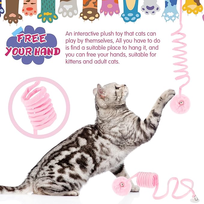 46 Pcs Cat Toys Set Interactive Cute Cat Toys Include Fur Mice Rattle Springs Crinkle Balls Pompom Bell Sisal Ball Puzzle Chase Toys for Kitten Indoor Stuff Gift(Pink)