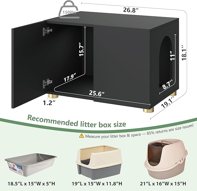 Small Litter Box Enclosure, Sleek Modern Cat Litter Box Cabinet Furniture, Wooden Cat House, End Table (Black)