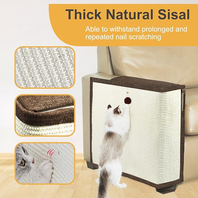 Upgraded Cat Scratch Furniture Protector,Cat Scratch Sofa Arm Sheild with 27.6’‘L*19.6’‘W Natural Sisal and Scratch Ball for Protecting Couch Sofa Chair Furniture (Brown/Right Handed)