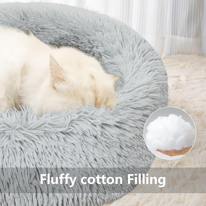 Dog & Cat Bed for Indoor Cats, 21.5 in Calming Donut Bed for Puppy and Kitten, Washable Round Fluffy Pet Bed for Small Medium Dogs and Cats Cotton Faux Fur, Anti-Slip Base (Light Grey)
