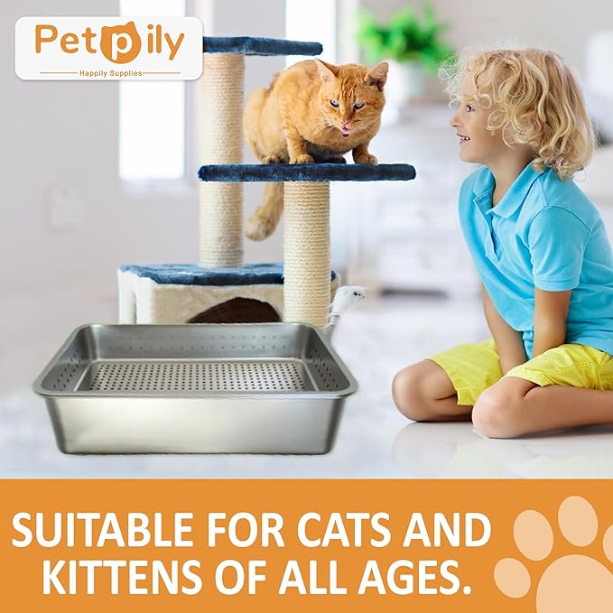 Extra Large Stainless Steel Litter Box - Two Pan Set, Open-Top Design Litter Box for Cats - Odor-Resistant Sifting Cat Litter - Non-Sticky and Easy to Clean - Stainless Steel Litter for Cats