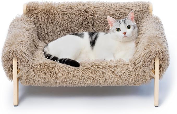 MEWOOFUN Cat Couch Bed, Pet Sofa for Indoor Cats Wooden Indoor Elevated Cat Beds with Removable Mattress Cover Suitable for Kitty, Puppy or Small Animal (Brown, Medium)