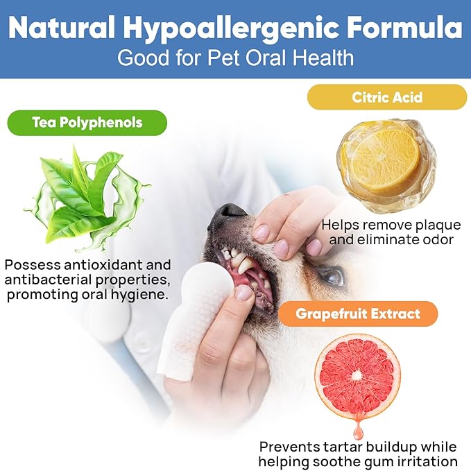 Pet Dental Finger Wipes for Dogs & Cats, 120 Count Dog Teeth Cleaning Dental Finger Wipes No-Rinse Cat & Dog Tooth Brushing Kit, Remove Plaque and Tartar & Freshens Breath (60 Count x2)