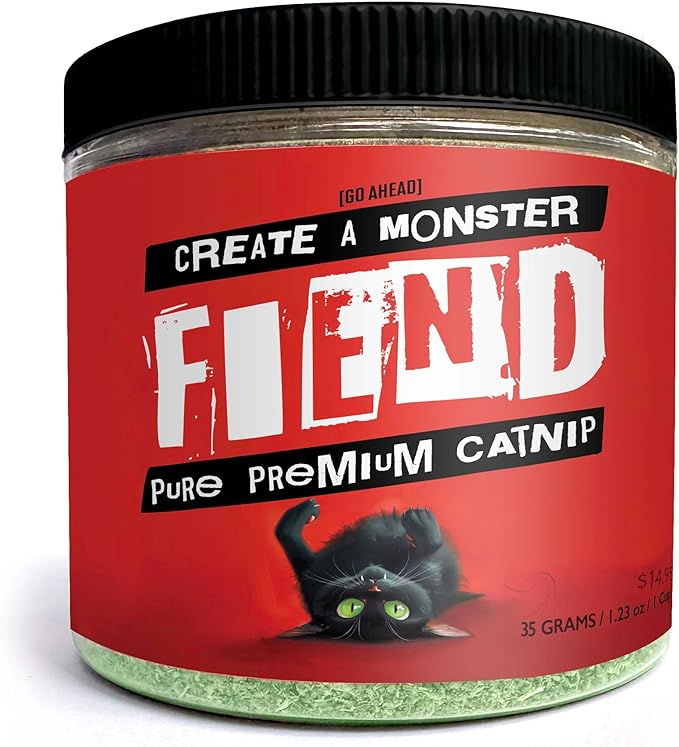 Fiend Catnip Safety-Cut 100% Pure Potent Fine Cat Nip for Cats & Kittens – Ultra Potent, North American – 1 Cup (34.5g) Canister – Go Ahead, Create a Monster!