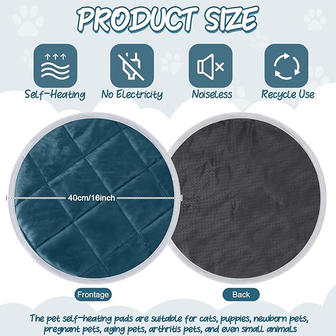 2 Pcs Cat Heating Pad Round 16 Inch Self Heating Cat Mat Washable Heated Bed Anti Slip Warming Pad Pet Bed Mat for Kennel Dog Crate Indoor Outdoor(Blue,16 Inch)