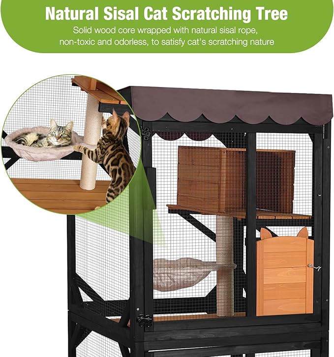 GUTINNEEN Catio Outdoor Cat Enclosure on Wheels - Outside Kitty House with Upgraded Resting Box, PVC Layer, and Waterproof Roof - 71.9" Black