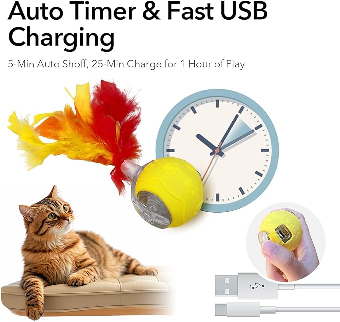 Automatic Cat Toy - Interactive Self-Moving Ball with Feather & Speedy Tail 3.0 Design, Electric Chase Toy for Cats, USB Rechargeable, Smart Obstacle Avoidance (Yellow, Feather)