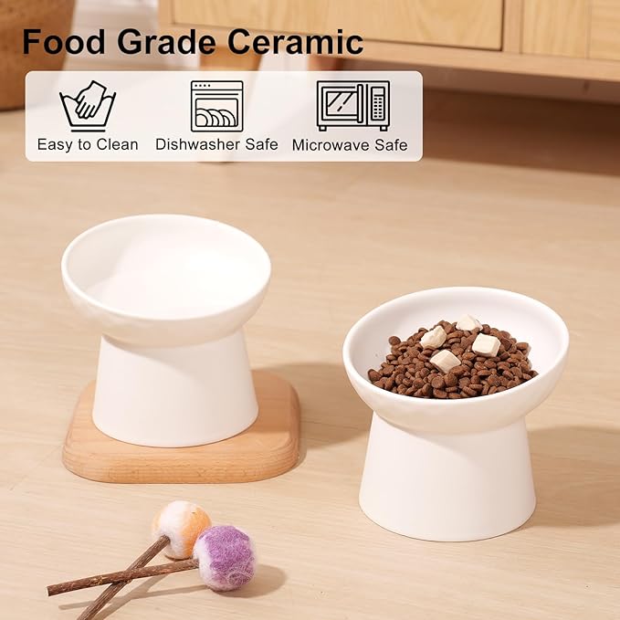 YauYik 4 Pcs Ceramic Raised Cat Bowls, Tilted Elevated Cat Food Bowl, Stress Free, Whisker Fatigue, Backflow Prevention, Dishwasher and Microwave Safe, Food and Water Feeding Bowls Set, White