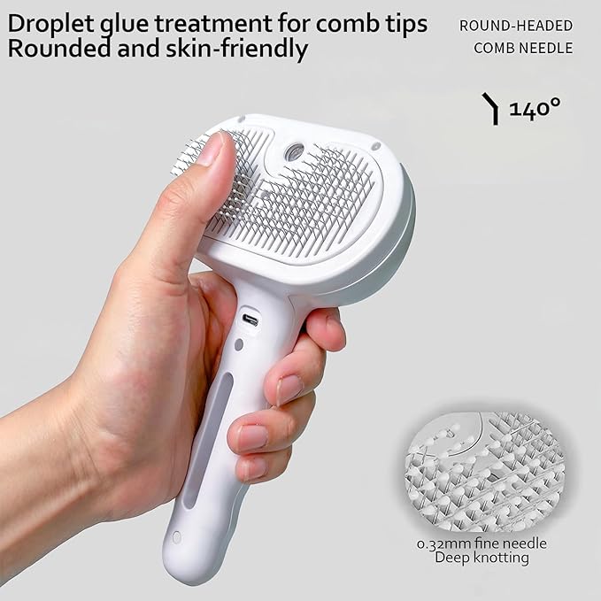 Cat/Dog deshedding brush with spray, Self-Cleaning Hair Comb for Long & Short Haired indoor Cats and Dogs (White)