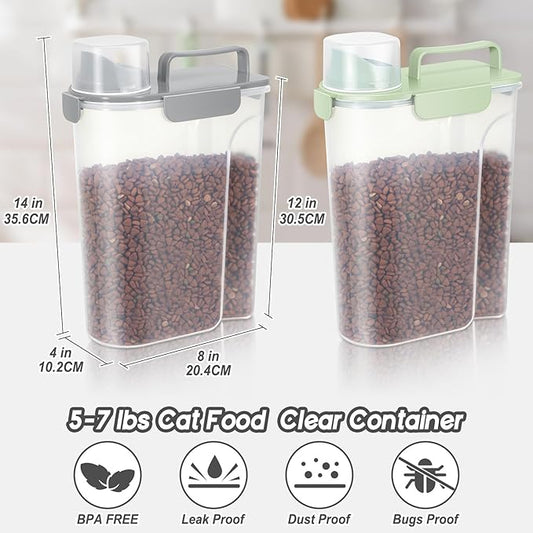 5-7Lbs Dog Cat Food Storage Container with Upgraded Large Nozzle BPA-free, 4 Snap Seals Plastic Pet Food Storage Containers with Handles (2, Light Green+Light Gray, 5L)