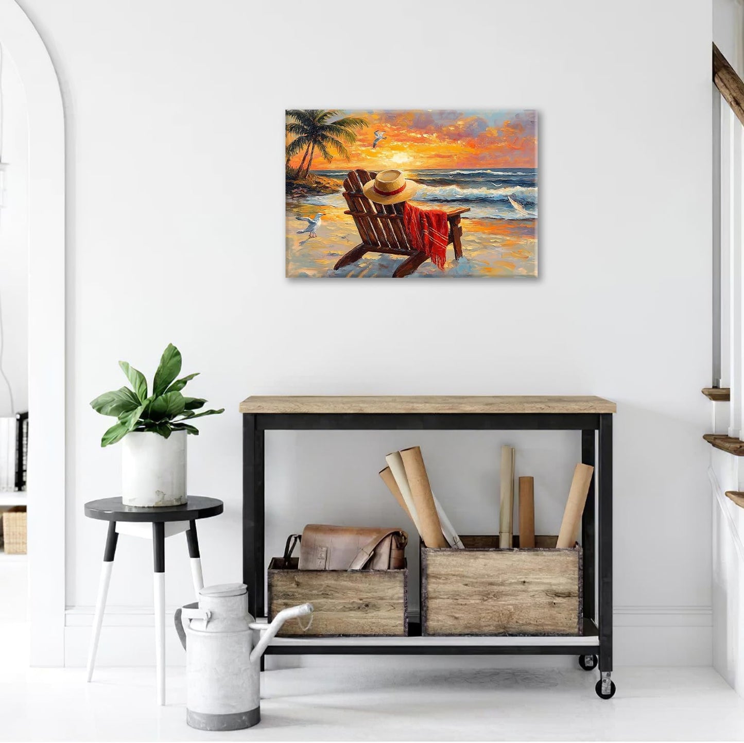 Beach Coastal Bathroom Pictures Wall Art, Seaside Ocean Bathroom Wall Decor, Sunrise Palm Framed Painting Canvas Artwork for Bedroom Living Room Decorations 24"L x 16"W