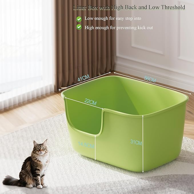 Vealind Large High Sided Cat Litter Box Extra Deep Litter Tray for Multi Cats Household, High Wall Cat Boxes Anti-Splashing Kitty Litter Box (Green)