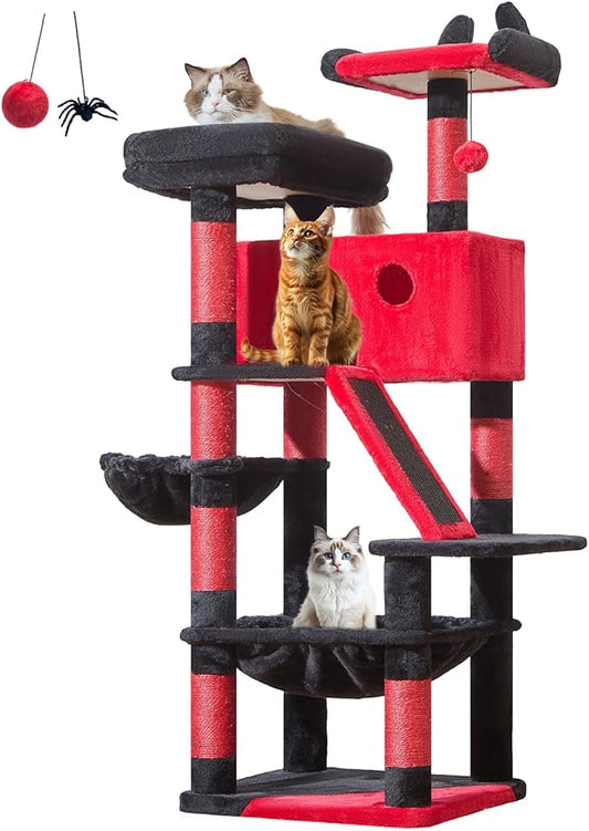 Taoqimiao Cat Tree 57.5-Inch, Cat Tower for Indoor Cats Large Adult, Extra Large Cat Condo, 8 Sisal Scratching Posts, Metal Frame Cozy Hammock, Durable Scratch Board, 2 Top Perches, Jelly Pink MS026P