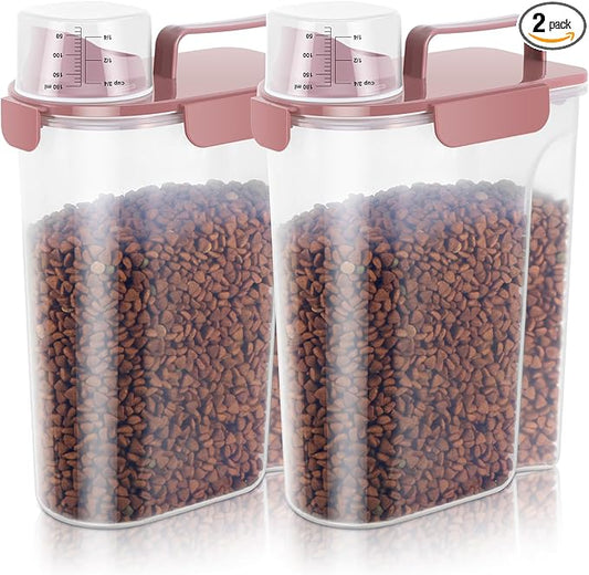 5-7Lbs Cat Dog Storage Container, Portable Pet Food Containers with Upgraded Large Spout and Cup, Small Animal Kibble Dispenser for Bird Seed, Oatmeal, Rice, Flour (2, Pink, 5L)