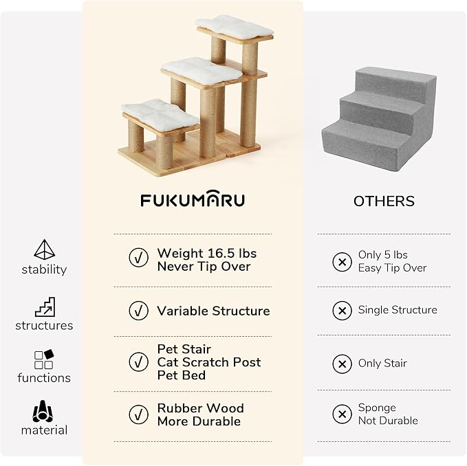 FUKUMARU Dog Stairs, Solid Wood Pet Stairs with Cat Scratching Post, Transformable Cat Ramp Can Hold Up to 200 lbs, 20 Inch Pet Steps for Dogs and Cats to Climb High Bed and Couch, Over 6 Combinations