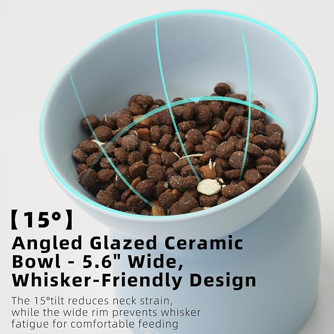MS!MAKE SURE Cat Bowls, Ceramic Elevated Tilted Cat Bowls, Food and Water Bowls, Whisker Stress Free, 15°Tilted Backflow Prevention, Lead & Cadmium Free, 5.5" Wide, 270ML (9 oz), Blue