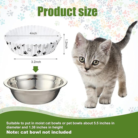 meekoo 600 Pcs Large Pet Disposable Feeding Bowls Liner Bulk Cat Food Bowls Small Paper Dish Paper Liner for Small Dogs Cats Dish Wet Food Feeding Station(White,Paw)