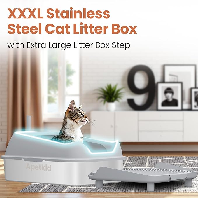 XXXL Stainless Steel Cat Litter Box with Extra Large Litter Box Step,28"X20"X13" Metal Litter Boxs High Sides for Big Cats and Multiple Cats,Includes Litter Scoop & Non-Stick Bottom