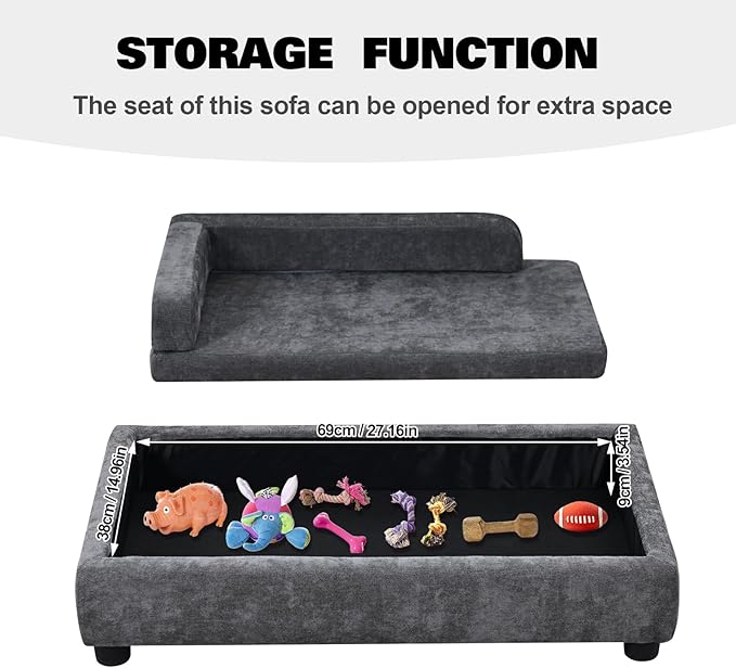 AFBKSS&BB Pet Sofa with Hidden Storage for Puppy and Cat,Linen Fabric Dog Sofa,Cat Couch with Wooden Frame (Grey)