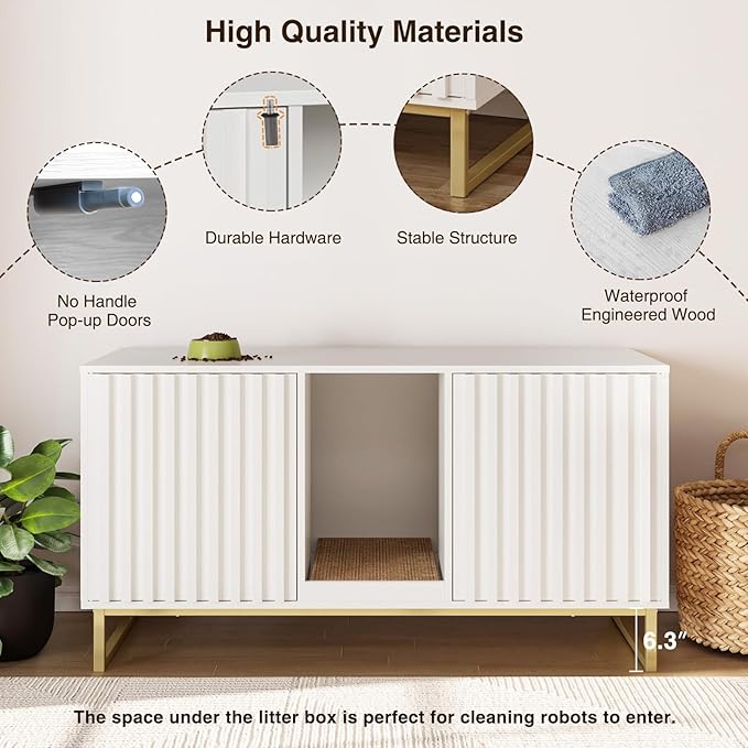 Cat Litter Box Enclosure for 2 Cats, 47.6’’ Litter Box Furniture Hidden with Scratch Pad, Double Room Large Cat Cabinet, Indoor Pet House TV Stand Side Table,Cats Washroom, White