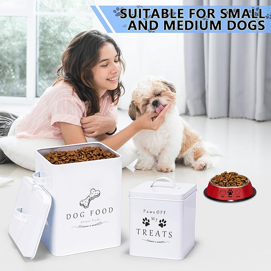 Meraki Home Small Dog Food Container and Dog Treats Container - Tight Lids - Feed Scoop and Pet Food Bowl - Farmhouse Metal Storage Bin - Glossy White