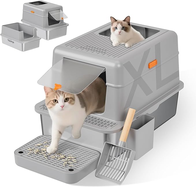 Stainless Steel Litter Box with Lid, 20L Metal Enclosed Litter Box for Big Cat, Flip-Top Design with Anti-Leakage High Sides, Large Cat Lovers Gifts (#1 Gray)