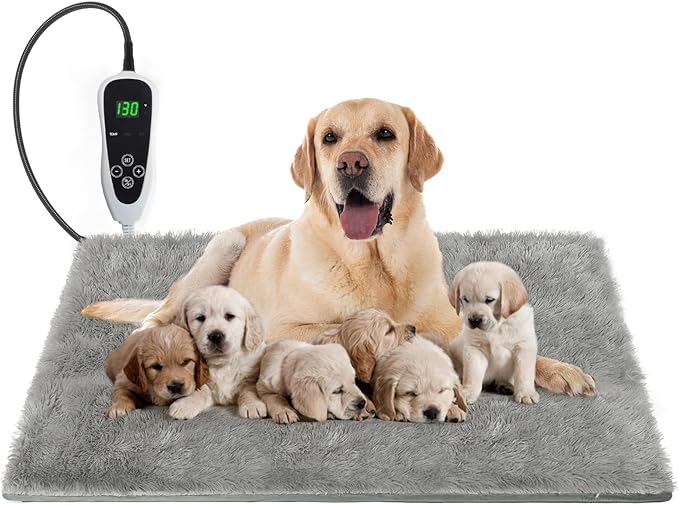 Dog Heating Pad, 47×30 in Waterproof Heated Dog House, Upgraded Smart Thermostat Heated Dogs Bed with Wire Rope, Detachable Plush Mask, Whelping Box-Grey